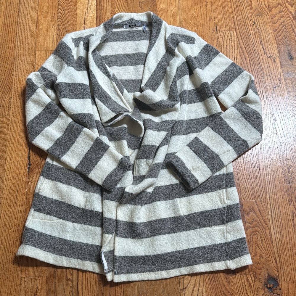 Three Dots wool blend grey and white stripe open cardigan size medium - Picture 2 of 5